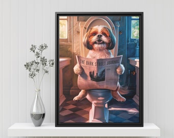 Cute Shih Tzu Bathroom Art Print - Dog on Toilet Reading Newspaper - Funny Pet Portrait - Wall Decor for Bathrooms