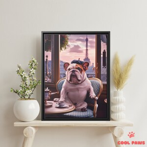 Whimsical English Bulldog in Paris Art Print - Eiffel Tower Cafe Dog - Funny Pet Portrait in Paris France - Wall Decor