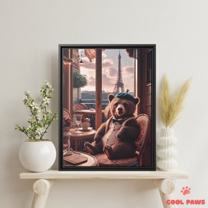 Whimsical Bear in Paris Art Print - Eiffel Tower Cafe Animal - Funny Pet Portrait in Paris France - Wall Decor