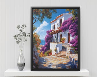 Mediterranean Villa with Purple Bougainvilleas Art Print - Mediterranean Poster -  Spanish Folk Art Wall Decor - Ready to Hang Home Decor