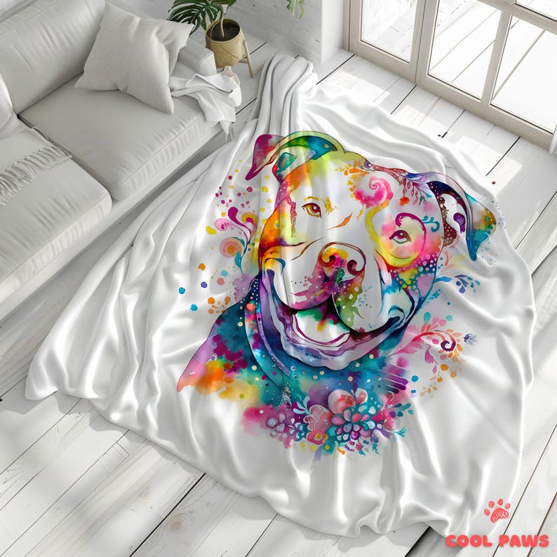 Pitbull Blanket Colorful Watercolor Dog Themed Throw Blanket, Soft