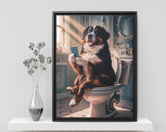 Cute Bernese Mountain Dog Bathroom Art Print - Dog on Toilet with Smartphone - Funny Pet Portrait - Wall Decor for Bathrooms