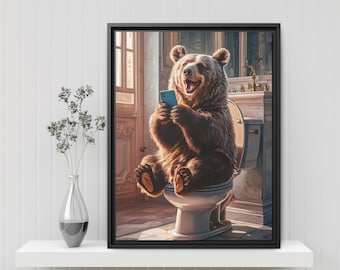Schattige beer badkamerkunstprint - dier op toilet met smartphone - grappig huisdierportret - wanddecoratie badkamer