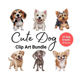 Schattige hond Clip Art-bundel - 42 hondenrassen PNG-bundel - hoge resolutie 300 DPI - perfect voor knutselen, T-shirts, stickers, huisdierportretten