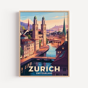 May include: A framed art print featuring a stylized illustration of Zurich, Switzerland. The artwork depicts buildings, a river, and bridges under a colorful sky. The word "ZURICH" is prominently displayed, with "SWITZERLAND" below.