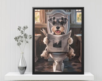 Cute Miniature Schnauzer Bathroom Art Print - Dog on Toilet Reading Newspaper - Funny Pet Portrait - Wall Decor for Bathrooms