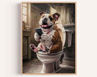 Leuke Engelse bulldog op toiletposter, humoristische hond met telefoon badkamerkunst, grappig huisdierportret canvas, hondenliefhebber cadeau