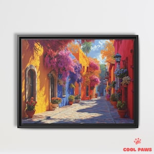 Colorful Street in Mexico Art Print - Mexican Folk Art Wall Decor - Ready to Hang Home Decor