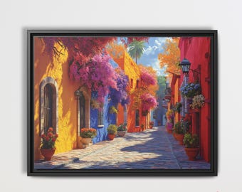 Colorful Street in Mexico Art Print - Mexican Folk Art Wall Decor - Ready to Hang Home Decor
