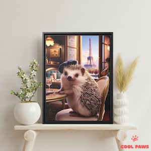 Whimsical Hedgehog in Paris Art Print - Eiffel Tower Cafe Animal - Funny Pet Portrait in Paris France - Wall Decor