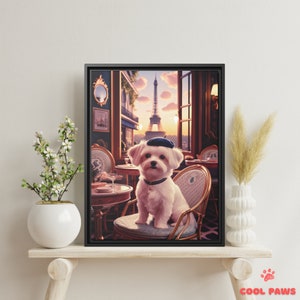 Whimsical Maltese in Paris Art Print - Eiffel Tower Cafe Dog - Funny Pet Portrait in Paris France - Wall Decor