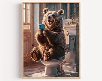 Funny Bear Bathroom Wall Art, Quirky Animal on Toilet Canvas Print, Humorous Restroom Decor, Cute Wildlife Washroom Poster