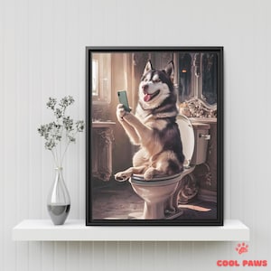 Cute Husky Bathroom Art Print - Dog on Toilet with Smartphone - Funny Pet Portrait - Wall Decor for Bathrooms