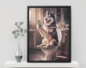 Cute Husky Bathroom Art Print - Dog on Toilet with Smartphone - Funny Pet Portrait - Wall Decor for Bathrooms