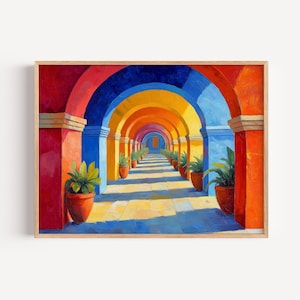 Colorful Mexican Arched Corridor Wall Art, Bright Architecture Perspective Canvas Print, Vibrant Potted Plants Hallway Home Decor