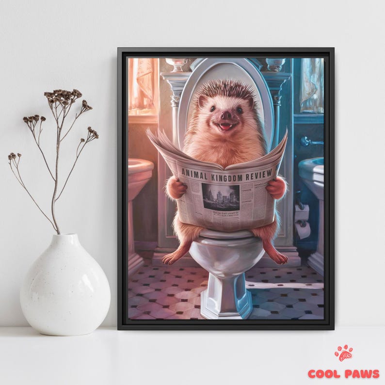 Cute Hedgehog Bathroom Art Print - Animal on Toilet Reading Newspaper ...
