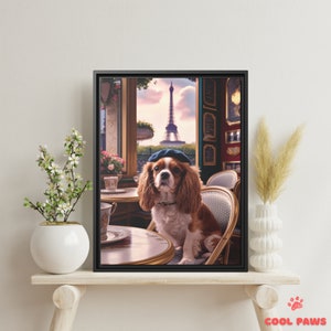 Whimsical King Charles Spaniel in Paris Art Print - Eiffel Tower Cafe Dog - Funny Pet Portrait in Paris France - Wall Decor