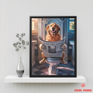 Cute Golden Retriever Bathroom Art Print - Dog on Toilet Reading Newspaper - Funny Pet Portrait - Wall Decor for Bathrooms