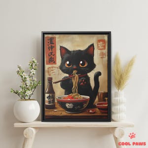 Kawaii Schwarze Katze isst Ramen Kunstdruck - Lustiges Küchen Dekor für Katzenliebhaber - Japanisches Poster Wand Dekor