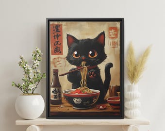 Kawaii zwarte kat die ramen eet Art Print - grappig keukendecor voor kattenliefhebbers - Japanse poster wanddecoratie