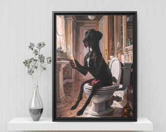 Cute Great Dane Bathroom Art Print - Dog on Toilet with Smartphone - Funny Pet Portrait - Wall Decor for Bathrooms