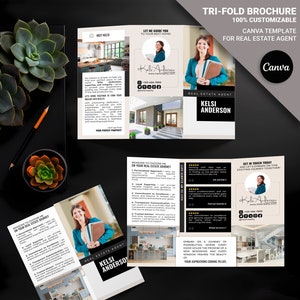 Puede incluir: Una plantilla de folleto tríptico para agentes inmobiliarios. El folleto presenta una foto de una mujer en un entorno profesional e incluye información de contacto, una lista de razones para elegir al agente y testimonios de clientes anteriores. El folleto está diseñado para ser personalizado con la marca e información del agente.