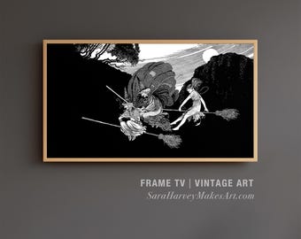 Halloween Samsung Frame TV Art Download | Vintage Witches on Broomsticks Illustrations