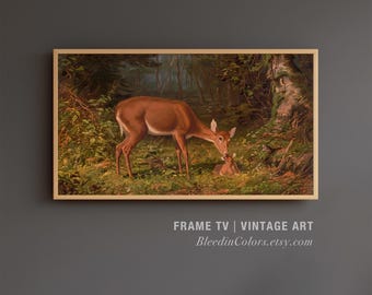 Samsung Frame TV Art Download | Vintage Mother Deer and Fawn in Forest Painting