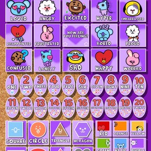 May include: A BT21 Pre-K add-on pack featuring purple square cards with cartoon characters expressing emotions like loved, angry, excited, and sad. Includes numbered ovals from one to twenty, various geometric shapes, and color-coded character squares.