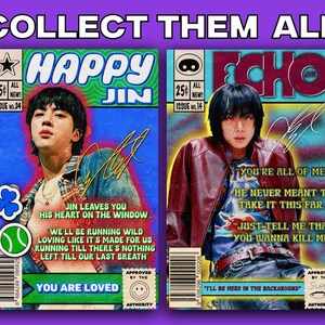 May include: Two vintage comic book cover posters featuring a person. The "Happy Jin" poster has a blue background with text and a signature. The "Echo" poster has a red and black color scheme with text and a signature. The text "Collect Them All" is at the top.