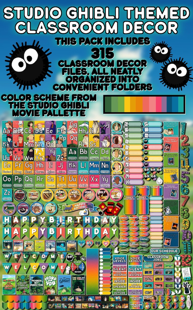 May include: Studio Ghibli themed classroom decor pack with 315 files, neatly organized into folders. Includes alphabet, calendar, birthday, and welcome banners. Features a color scheme from the Studio Ghibli movie palette.