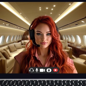 Puede incluir: Una mujer con el pelo largo y rojo está en una videollamada desde un avión privado. Lleva una camisa rosa y unos auriculares. La interfaz de la videollamada muestra micrófono, vídeo y otros controles.