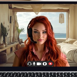 May include: A woman with long red hair is on a video call on a laptop computer. She is wearing a pink shirt and a headset. The background is a room with a large window overlooking the ocean.