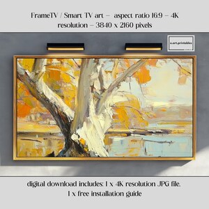 Könnte beinhalten: Digitaler Kunstdruck für FrameTV oder Smart TV. Das Kunstwerk zeigt einen Baum mit gelben und orangefarbenen Blättern, gemalt in einem impressionistischen Stil. Das Gemälde ist in einem goldenen Rahmen gerahmt und enthält den Text "FrameTV / Smart TV art".