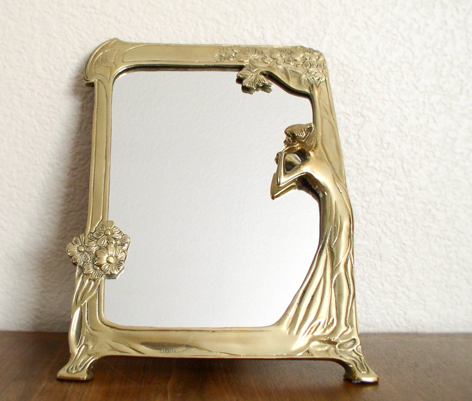 Vintage Brass Art Nouveau Mirror Woman Gazing with Tree and Etsy