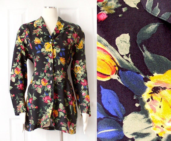 Vintage 90s Black Floral Print Tie Back Women's Jacket | Etsy