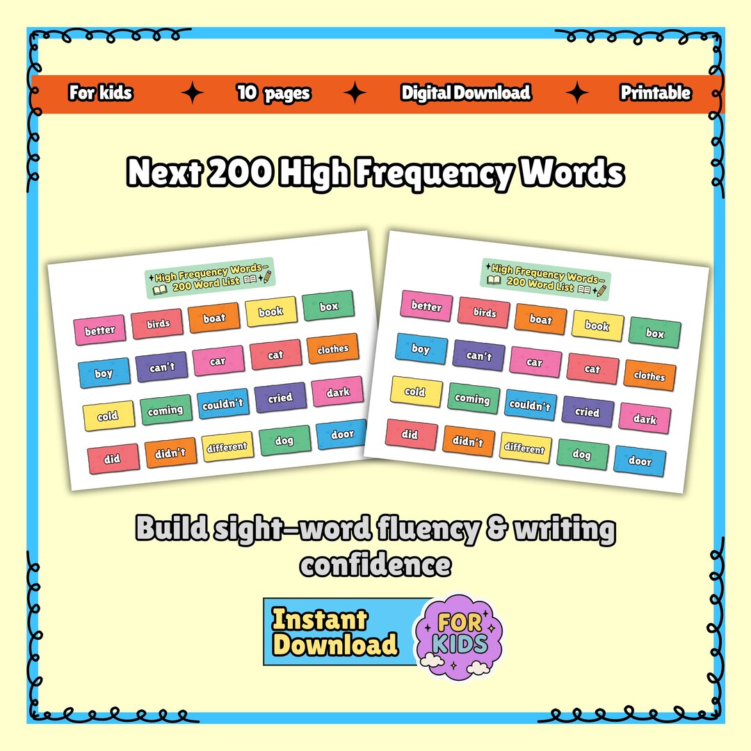 Sight Words Printable | Next 200 High Frequency Words (PDF) - Etsy UK