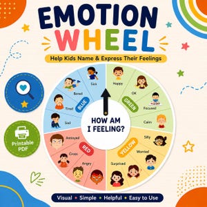 May include: An Emotion Wheel chart featuring the text EMOTION WHEEL and Help Kids Name & Express Their Feelings. The circular diagram is divided into four color-coded sections labeled BLUE, GREEN, YELLOW, and RED, each containing illustrated faces.