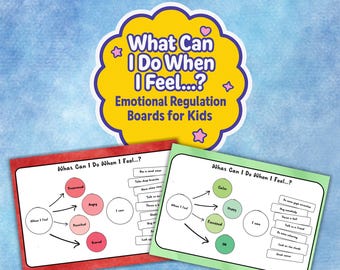 以下が含まれることがあります： 「What Can I Do When I Feel...? Emotional Regulation Boards for Kids」のテキストが入った、子供向けの2つの教育用ボード。1つのボードは赤い縁取り、もう1つは緑の縁取りです。