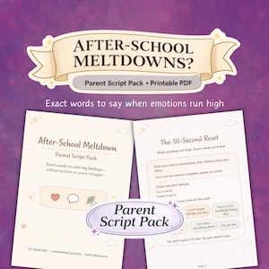 Op de afbeelding: Een afdrukbare PDF met de titel "After-School Meltdowns?" met de tekst "Parent Script Pack". Het document biedt exacte woorden om grote gevoelens te kalmeren. Het ontwerp heeft een paarse achtergrond en illustraties.