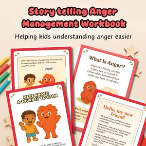 Op de afbeelding: Een kinderwerkboek getiteld "Story telling Anger Management Workbook". De omslag toont illustraties van een oranje monster en een kind. Het werkboek is bedoeld om kinderen te helpen woede te begrijpen en te beheersen.