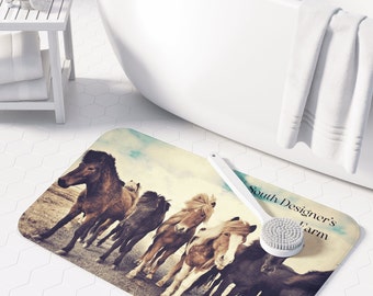 Personalized Bath Mat, Farmhouse Matt with Pony, Farm Name Bathroom Accessories, Personalized Horse Bath Rug