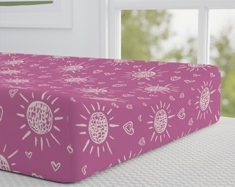 BOHO Pink Changing Pad Cover Sun and Hearts, Baby Shower Gift for Girls