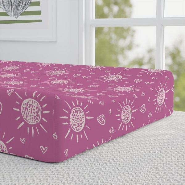 BOHO Pink Changing Pad Cover Sun and Hearts, Baby Shower Gift for Girls