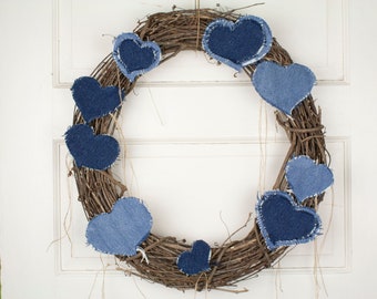 Blue Jean Heart Mix Wreath, 18” Grapevine Decoration, Denim Door Décor