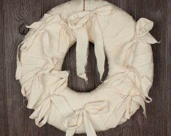 Fat Donut Wreath with Bows, 12 inch Natural Creamy White Fabric Door Decoration