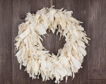 Rustic Cream Rag Wreath, 15", Tea Dyed White Upcycled Fabric, Front Door Decoration, Indoor Home Decor For Room