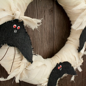 Primitive Halloween Wreath, 12 Fabric Wreath with Black Bats, Front Door Fall Decor or Hanging Wall Decoration image 1