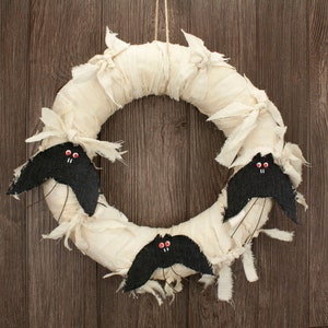 Primitive Halloween Wreath, 12 Fabric Wreath with Black Bats, Front Door Fall Decor or Hanging Wall Decoration image 5