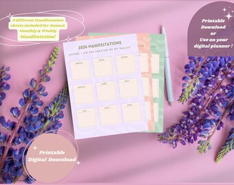 Tableros de visión imprimibles de manifestación, Indicaciones imprimibles, Afirmaciones, Ley de atracción, Diario, Planificación digital, Semanal, Mensual